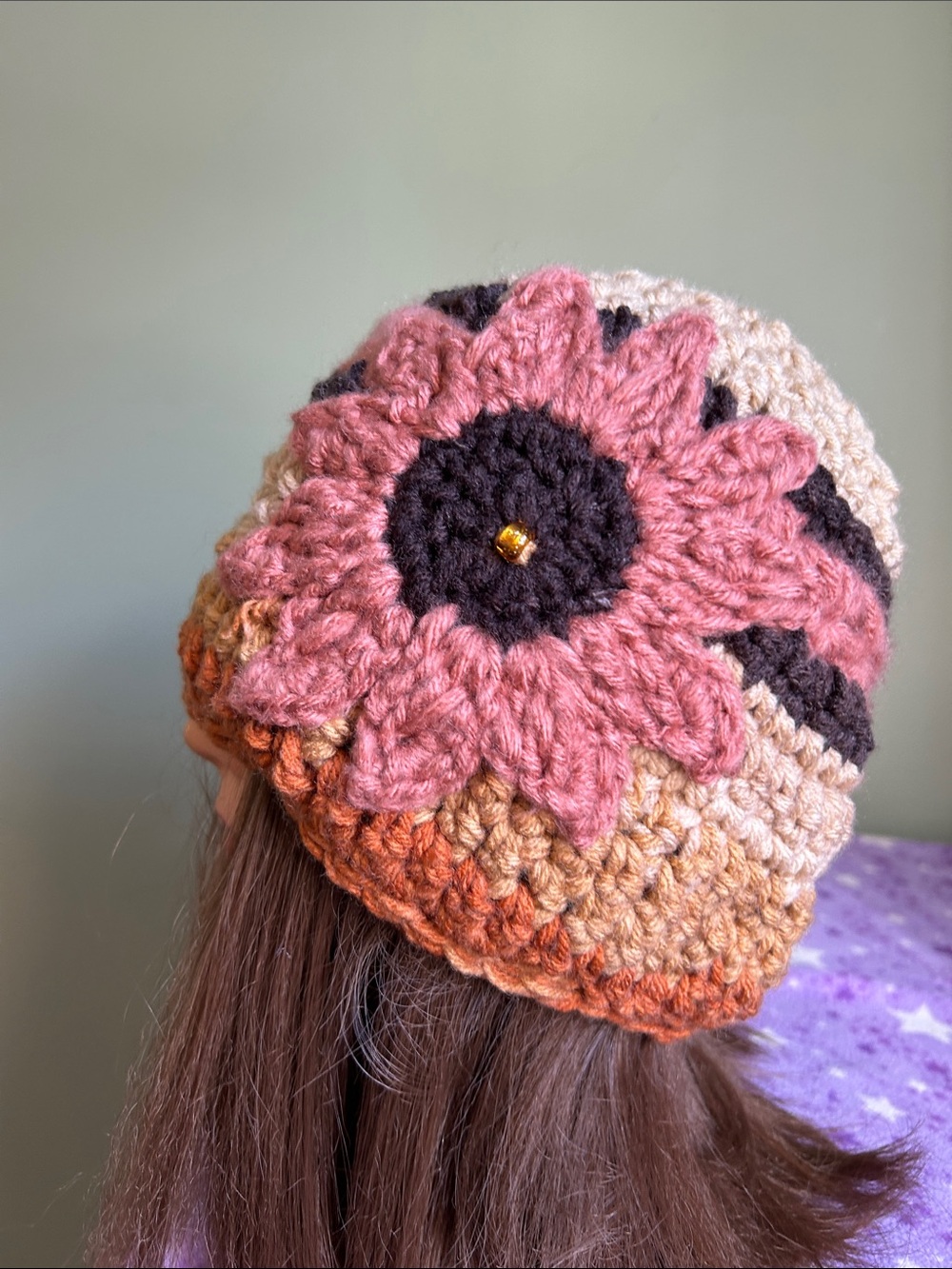 Crochet Flower beanie medium sunflower new